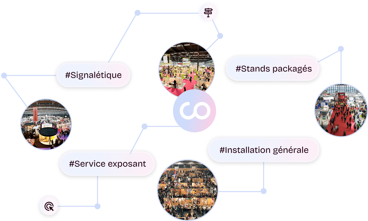 Événement Co-Nect avec stands, signalétique et installation générale.